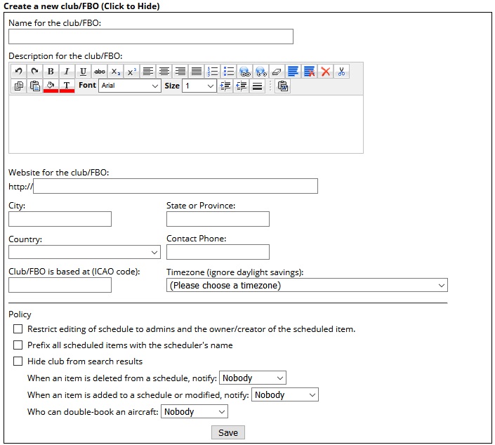 Create club screen